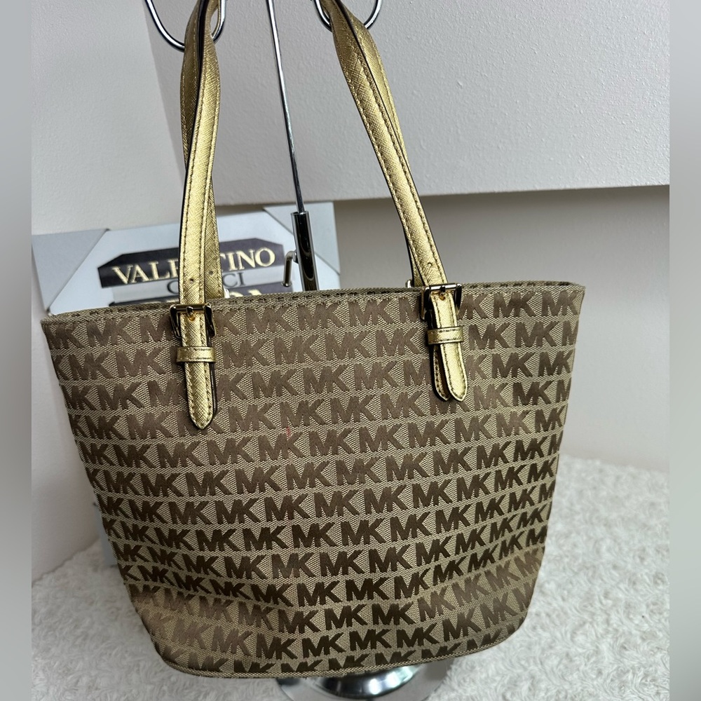 Michael Kors Jet set Signature Pocket MF Tote Brown Khaki Jacquard Leather - Picture 3 of 11